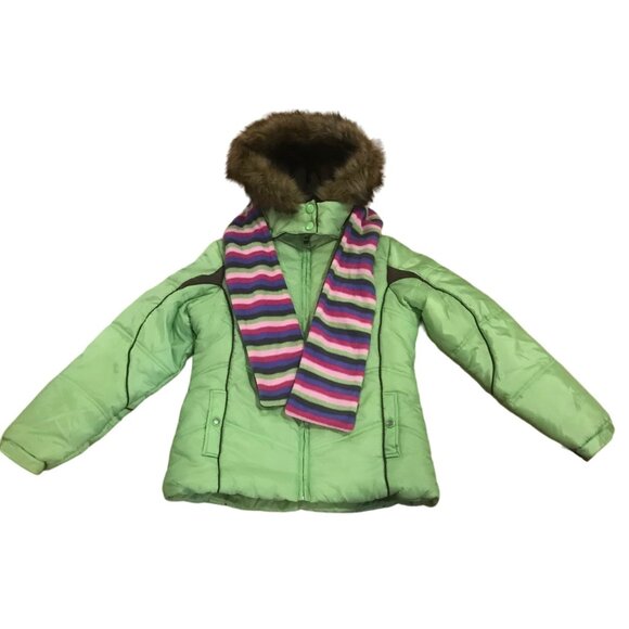 London Fog Coat Green Girls Puffer Winter w/ Scarf Lg 14-16 Removable Hood New - Picture 1 of 10